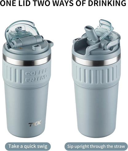 TKK Insulated Coffee Mug with Ceramic Coating, 21oz Iced Coffee Tumbler Cup with Straw Lid Double Wall Vacuum Leak Proof Travel Mug with Strap for Hot and Iced Beverage, Tungsten Steel