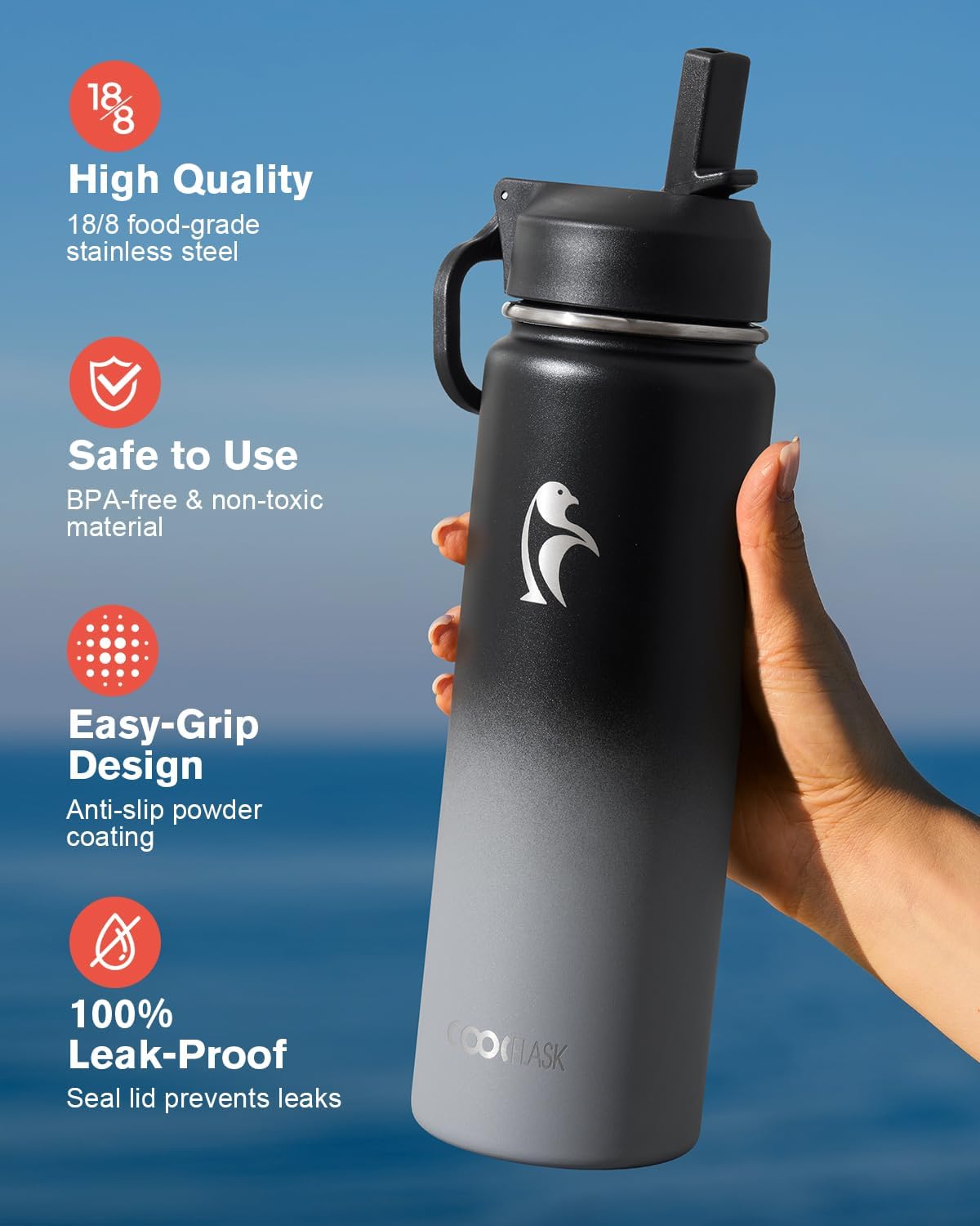 Half Gallon Water Bottle Insulated with Straw & 3 Lids, Coolflask 64 oz Water Jug Large Metal Stainless Steel Wide Mouth for Sports, Gym or Office, Non-BPA Keep Cold 48H Hot 24H, Samurai Cyan