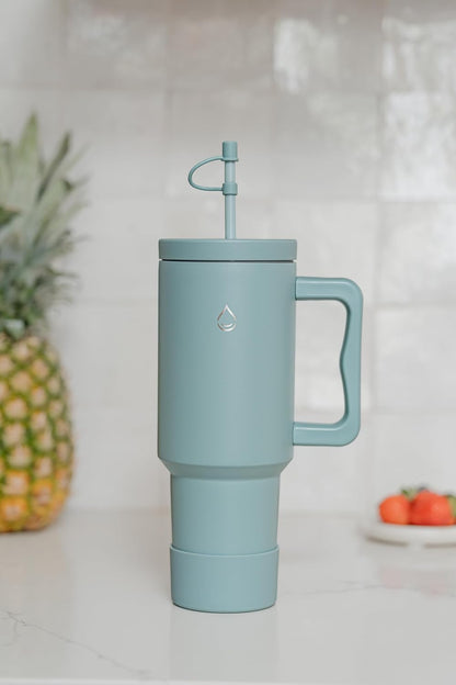 Infusion Pro 40 oz Tumbler with Handle, Fruit Infuser & Straw Lid : 50 Recipe Fruit Infusion eBook : Bottom Boot : Fits Cupholder : Stainless Steel Insulated Travel Mug : Essence (BLUE SURF)