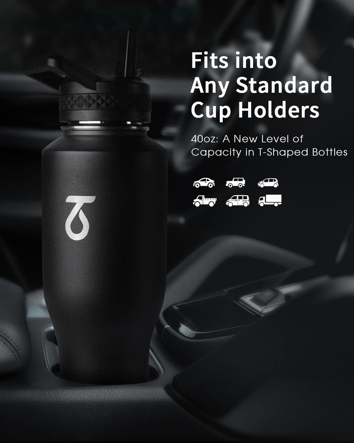 Trebo 40 oz Water Bottle Insulated Fit Car Cup Holder with Handle, Stainless Steel Water Bottles Tumbler with Spout Straw Lids, Double Wall Travel Reusable Flask, Leakproof Mug,Keep Cold &Hot,Black