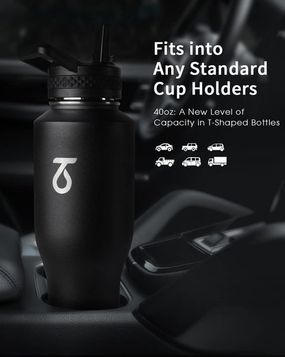 Trebo 40 oz Water Bottle Insulated Fit Car Cup Holder with Handle, Stainless Steel Water Bottles Tumbler with Spout Straw Lids, Double Wall Travel Reusable Flask, Leakproof Mug,Keep Cold &Hot,Black