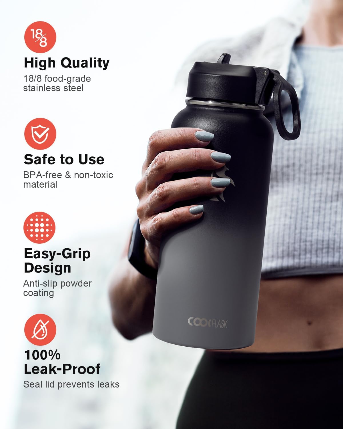Half Gallon Water Bottle Insulated with Straw & 3 Lids, Coolflask 64 oz Water Jug Large Metal Stainless Steel Wide Mouth for Sports, Gym or Office, Non-BPA Keep Cold 48H Hot 24H, Samurai Cyan