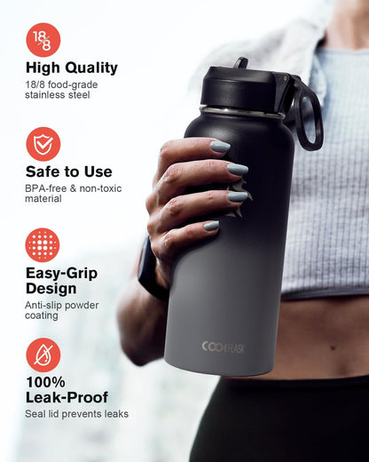 Half Gallon Water Bottle Insulated with Straw & 3 Lids, Coolflask 64 oz Water Jug Large Metal Stainless Steel Wide Mouth for Sports, Gym or Office, Non-BPA Keep Cold 48H Hot 24H, Samurai Cyan