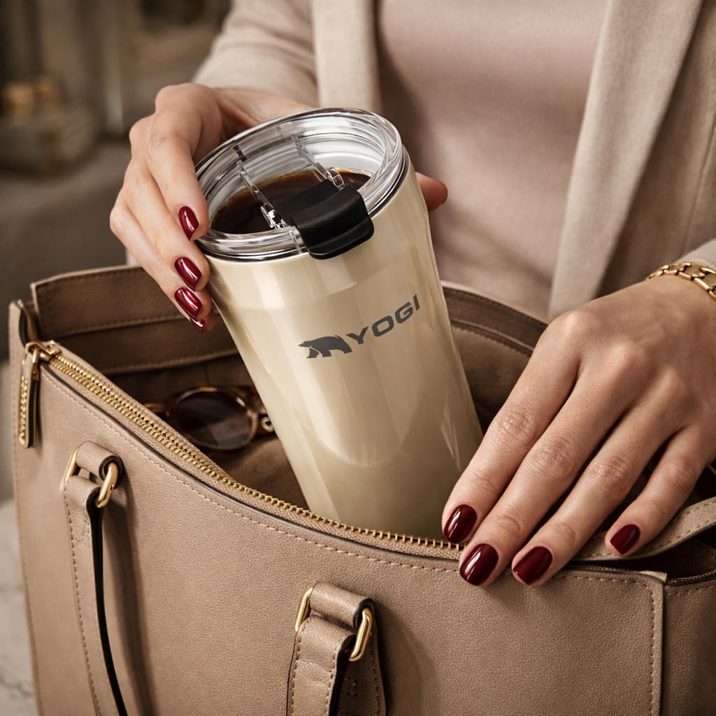 YOGI Ceramic Lined Metal Allergy Safe 16oz Coffee Tumbler with Leakproof Lid BPA Free Vacuum Insulated Stainless Steel Cupholder Friendly Travel Cup for Coffee and Water Sandstone