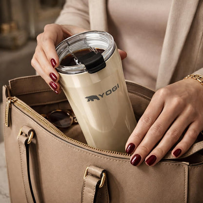 YOGI Ceramic Lined Metal Allergy Safe 16oz Coffee Tumbler with Leakproof Lid BPA Free Vacuum Insulated Stainless Steel Cupholder Friendly Travel Cup for Coffee and Water Sandstone