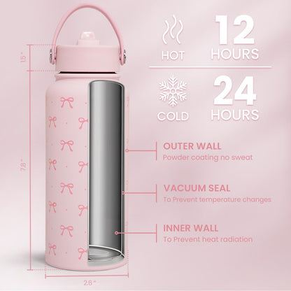 SANDJEST Pickleball Gift for Women, Water Bottle Stainless Steel 32oz with Lid & Straw, Sport Insulated Bottles Gifts for Girls Friends Teens Birthday Christmas