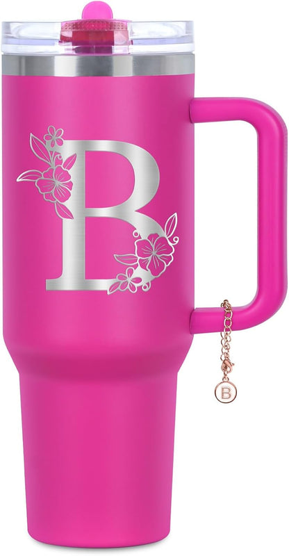 Personalized 40 oz Monogrammed Tumbler with Handle and Flip Straw Lid, 100% Leak Proof stainless steel Insulated Tumbler, Customized Initial Funny Gifts for Women Mom Sisters Coworker, A