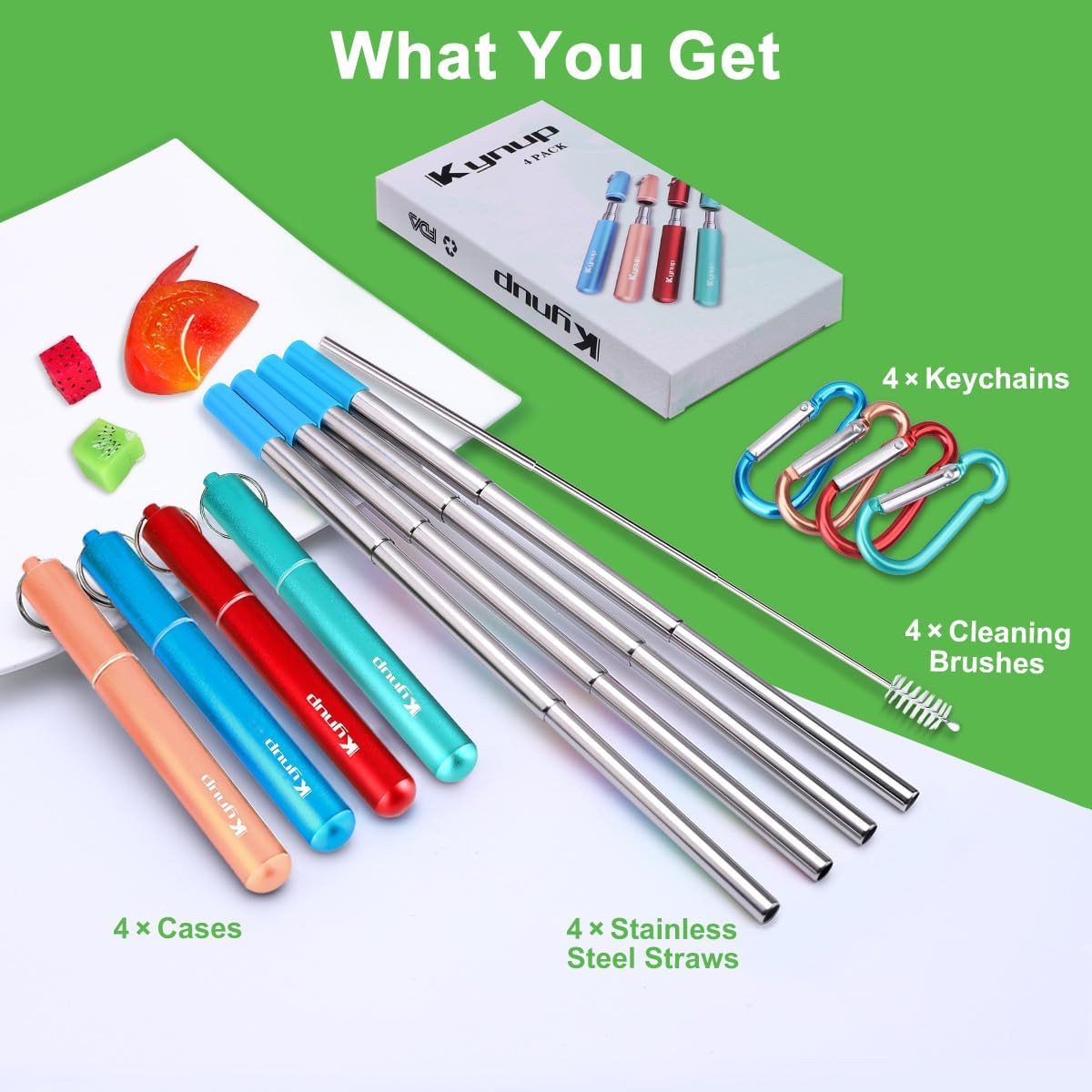 Kynup 4Packs Reusable Straws, Metal Straw with Silicon, Travel Drinking Straws with Case, Keychain, Cleaning Brushes, Silicon Pcs Perfect for Travel, Gifts (20 PCS) Blue-Black-Silver-Turquoise