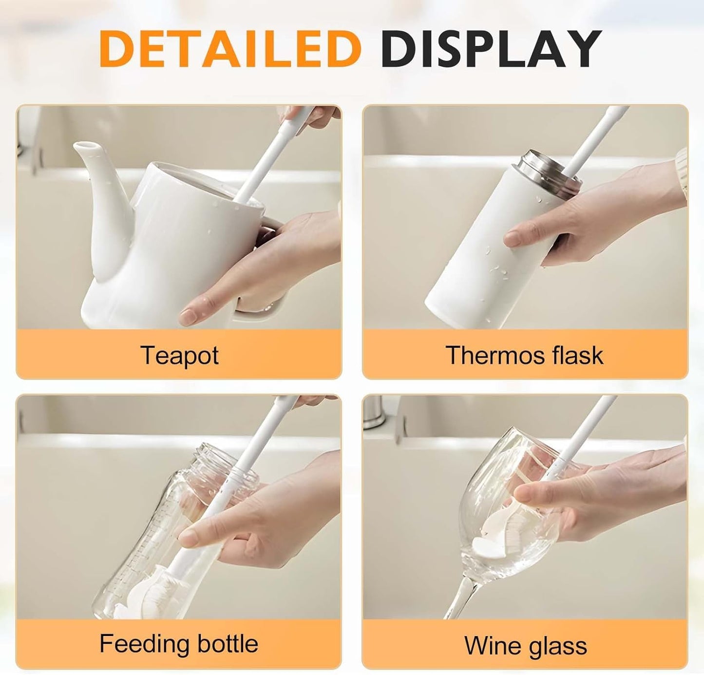 12.4" Silicone Bottle Brush, 3-in-1 Ergonomic Long Handled Cleaning Cup Brush,Water Bottle Cleaner,Deep Cleaning for Baby Bottles,Glassware, Narrow Neck Containers (White)