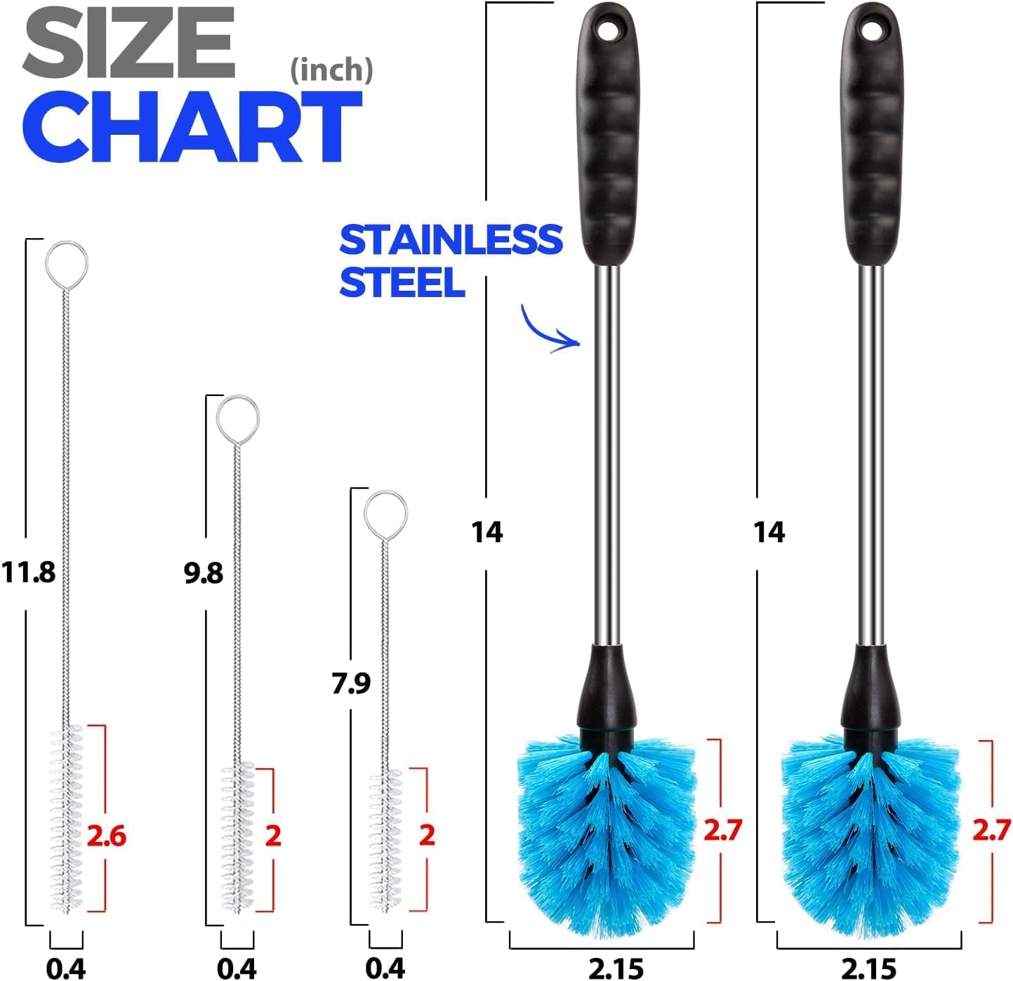 Holikme 6 Pack Bottle Brush Set, 14" Long Handle Stainless Steel Bottle Cleaner Brush, 3 Straw Brushes, 4-in-1 Bottle Cleaning Brush for Water Bottle, Antistatic Lab Brushes Straws, Black