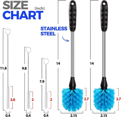 Holikme 6 Pack Bottle Brush Set, 14" Long Handle Stainless Steel Bottle Cleaner Brush, 3 Straw Brushes, 4-in-1 Bottle Cleaning Brush for Water Bottle, Antistatic Lab Brushes Straws, Black