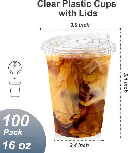 Dealusy 100 Pack - 16 oz Clear Plastic Cups with Lids, Sturdy & Food Safe Iced Coffee Cups with lids, Disposable Plastic Smoothie Cups for Cold Drinks, Sip Lids