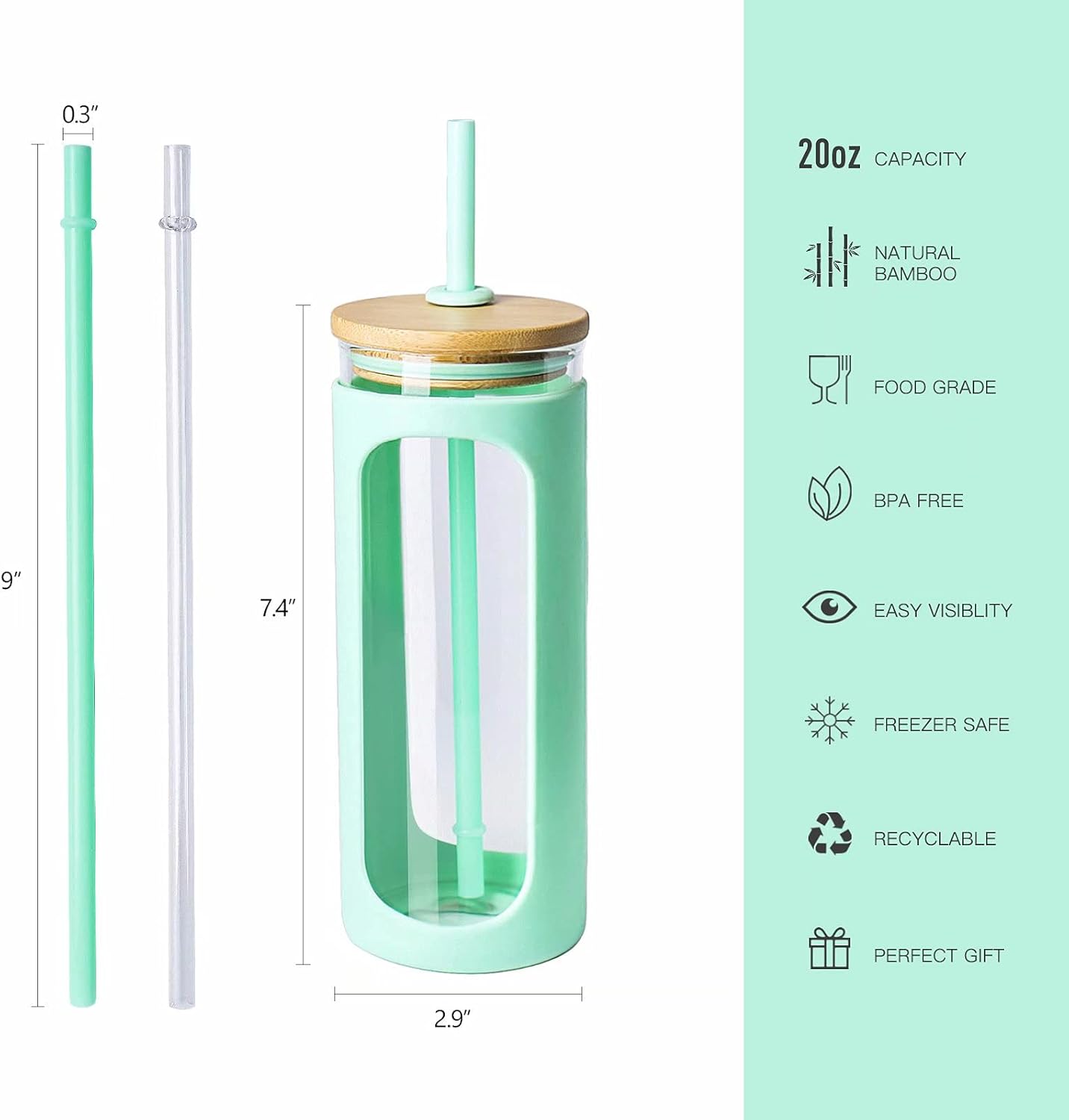 Kodrine 20oz Glass Water Tumbler with Straw and Lid, Bamboo Lids Water Bottle, Iced Coffee Cup Reusable, Wide Mouth Smoothie Cups with Protective Silicone Sleeve BPA FREE-Black - Colors A