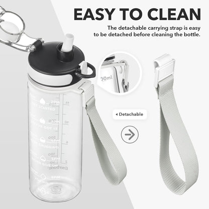 Enerbone Water Bottle, Leakproof BPA & Toxic Free, Motivational Water Bottle with Times to Drink and Straw, Fitness Sports Water Bottle with Strap for Office, Gym, Outdoor Sports
