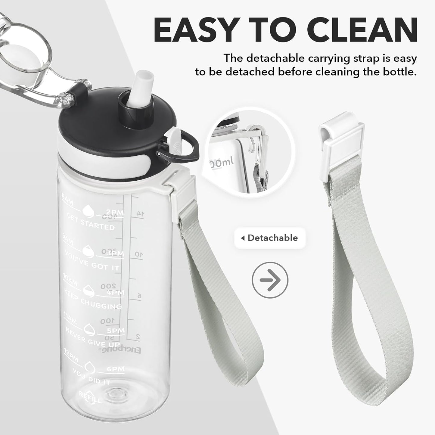 Enerbone Water Bottle, Leakproof BPA & Toxic Free, Motivational Water Bottle with Times to Drink and Straw, Fitness Sports Water Bottle with Strap for Office, Gym, Outdoor Sports