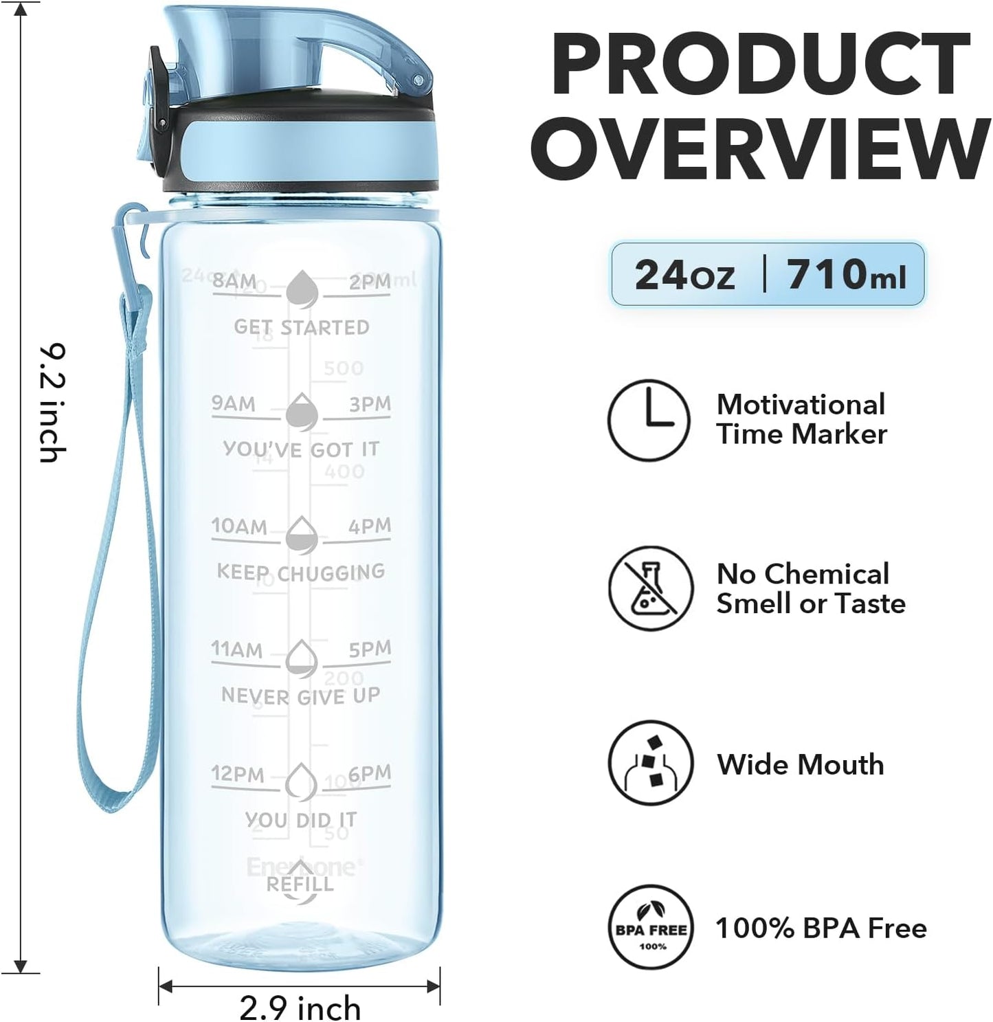 Enerbone Water Bottle, Leakproof BPA & Toxic Free, Motivational Water Bottle with Times to Drink and Straw, Fitness Sports Water Bottle with Strap for Office, Gym, Outdoor Sports