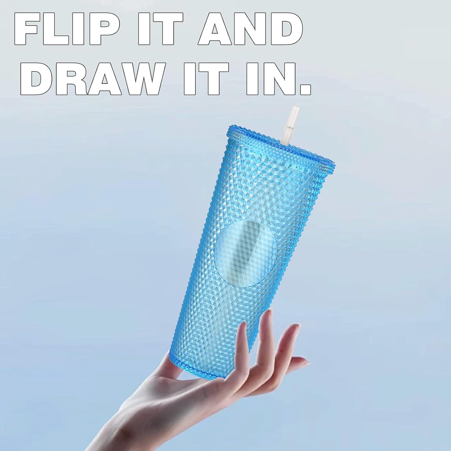 Studded Tumbler With Straw Tumblers With Lids And Straws Iridescent Blue Cups Water Cup With Straw And Lid BPA-Free Double-Wall Plastic for Iced Coffee Cups or Water 24 Oz