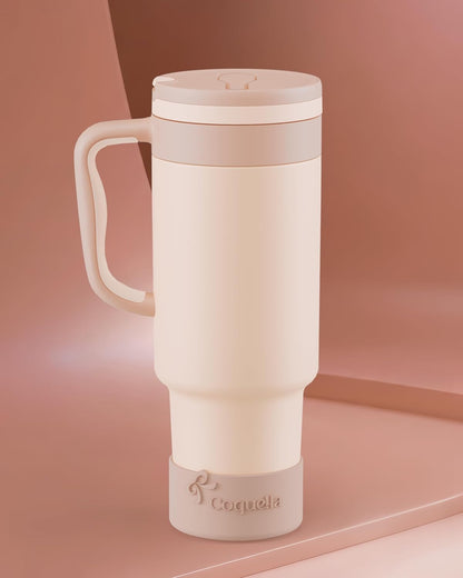 40 oz Insulated Tumbler with Handle and Push-Button Straw Lid, Stainless Steel Travel Cup for Gym Office, Leakproof, BPA-Free, Cup Holder Friendly, Bow Silicone Boot, Purple (Light Lilac)