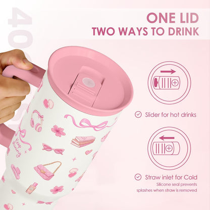 SANDJEST Pickleball 40oz Tumbler With Handle and Straw, Pickleball Queen Insulated Stainless Steel Travel Coffee Mug for Women Girls Players, Gift Idea for Birthday Christmas Mothers Day