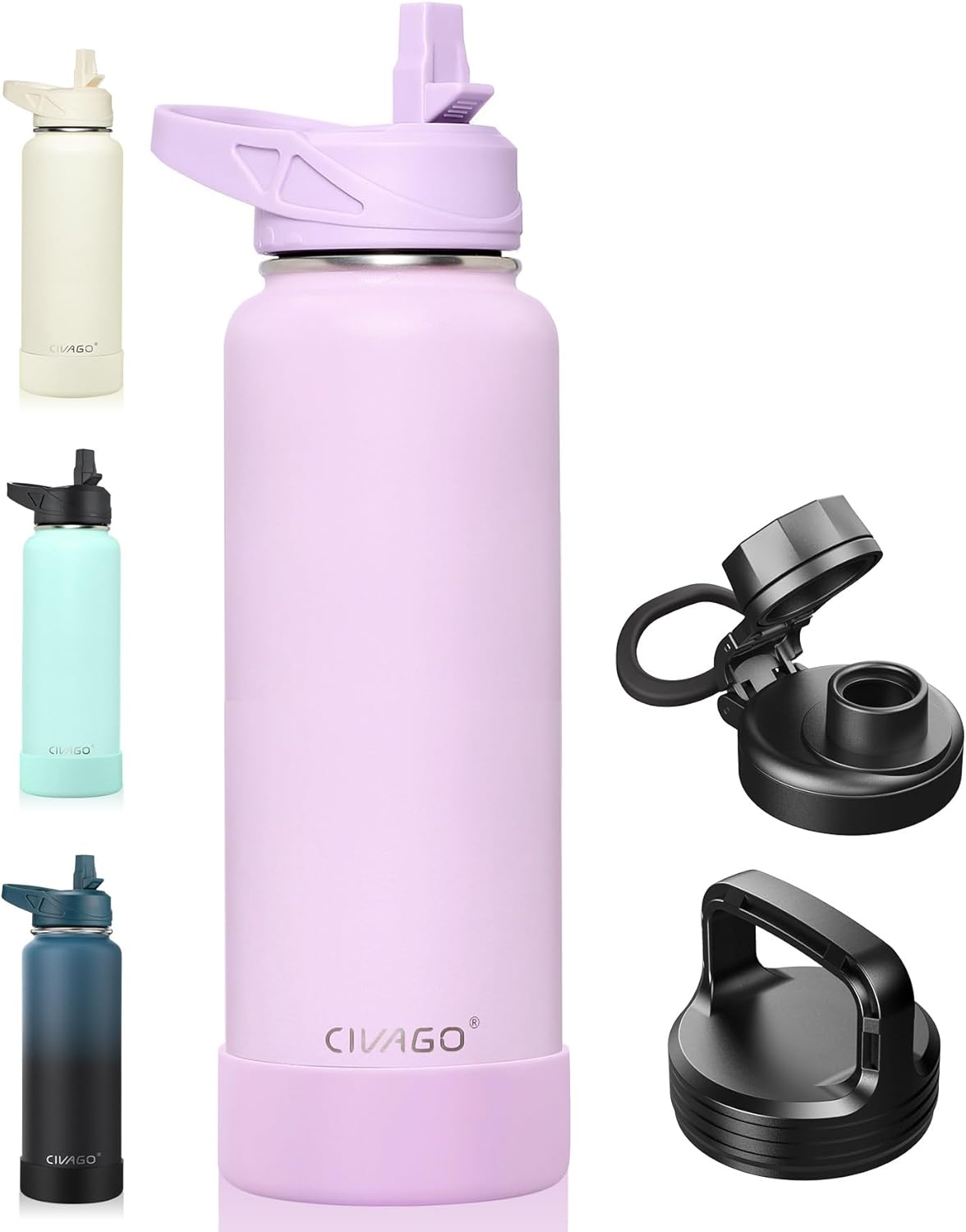 CIVAGO 32 oz Insulated Water Bottle With Straw, Stainless Steel Sports Water Cup Flask with 3 Lids (Straw, Spout and Handle Lid), Wide Mouth Travel Thermal Mug, Black