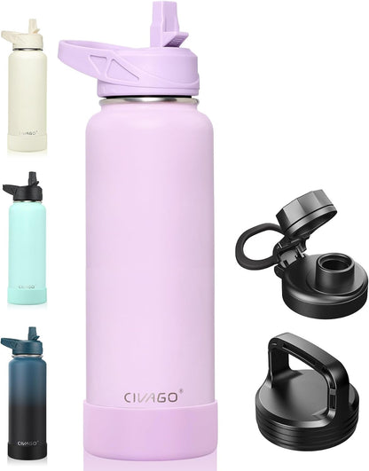 CIVAGO 32 oz Insulated Water Bottle With Straw, Stainless Steel Sports Water Cup Flask with 3 Lids (Straw, Spout and Handle Lid), Wide Mouth Travel Thermal Mug, Black