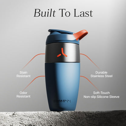Promixx Pursuit Stainless Steel Shaker Bottle - 26oz Lightweight Metal Protein Mixer with Snap-Fit Agitator for Smooth Shakes - Leak-Proof Gym Shaker Cup for Fitness & Travel - Midnight Blue