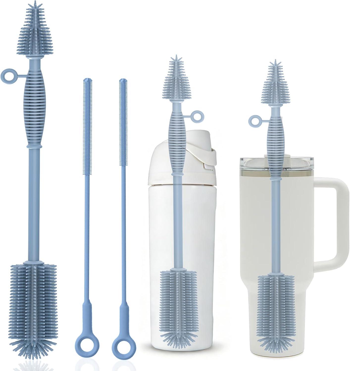 Bottle Brush & Straw Cleaner Brush Set,Silicone Bottle Brush with Sturdy Handle for Water Bottles,Tumblers,Baby Bottles,Long Flexible Straw Cleaner Brush for Standard Straws(Blue)