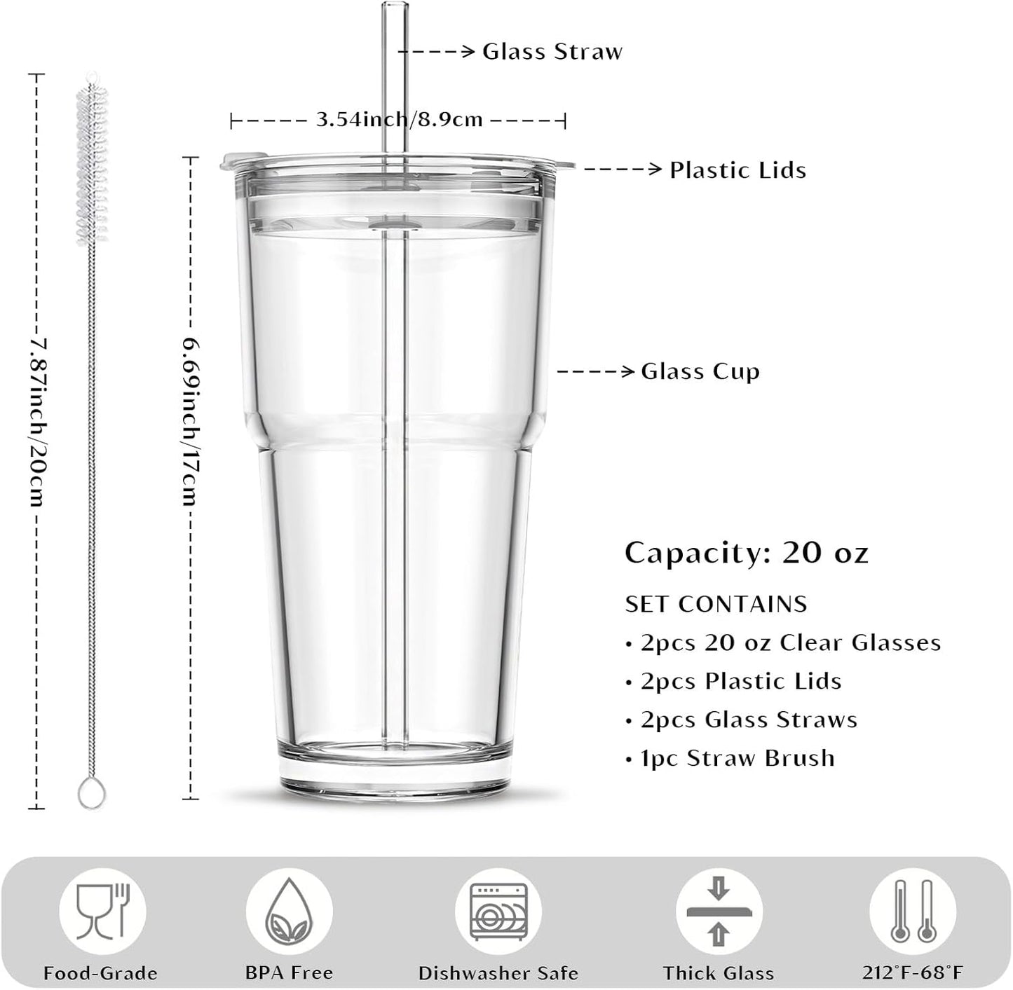 INSETLAN 13oz Portable Glass Tumblers Set of 2, Thick Wall Glass Cups with Lid and Glass Straw, On-the-Go Coffee Cups for Iced Coffee, Tea, Milk, Hot & Cold Drinks, Travel & Daily Use