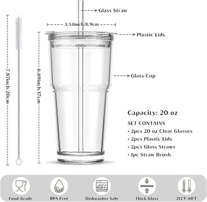 INSETLAN 13oz Portable Glass Tumblers Set of 2, Thick Wall Glass Cups with Lid and Glass Straw, On-the-Go Coffee Cups for Iced Coffee, Tea, Milk, Hot & Cold Drinks, Travel & Daily Use