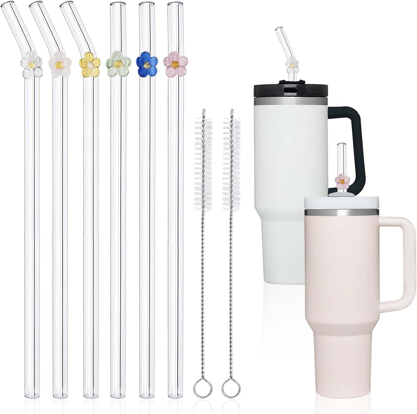 6 Pack Replacement Glass Straws for Stanley 40 oz 30 oz Tumbler, Reusable Cute Flower Glass Straws, Stanley Straw with Cleaning Brush Stanley Cup Accessories, 12 inches