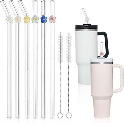 6 Pack Replacement Glass Straws for Stanley 40 oz 30 oz Tumbler, Reusable Cute Flower Glass Straws, Stanley Straw with Cleaning Brush Stanley Cup Accessories, 12 inches