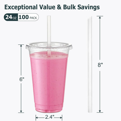 AOZITA [100 Sets] 16 oz Clear Plastic Cups With Lids and Straws, Disposable Cups With Lids for Iced Coffee, Smoothie, Milkshake and Cold Drinks (New-16-100)