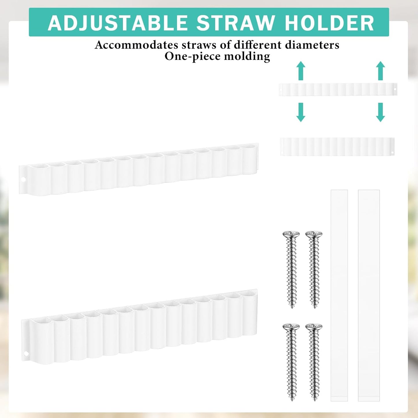 Baderke Straw Holder for Cabinet Reusable Straw Organizer with Double Sided Adhesive Tape Screws Storage Container for Kitchen Counter Cupboard(White,Classic)