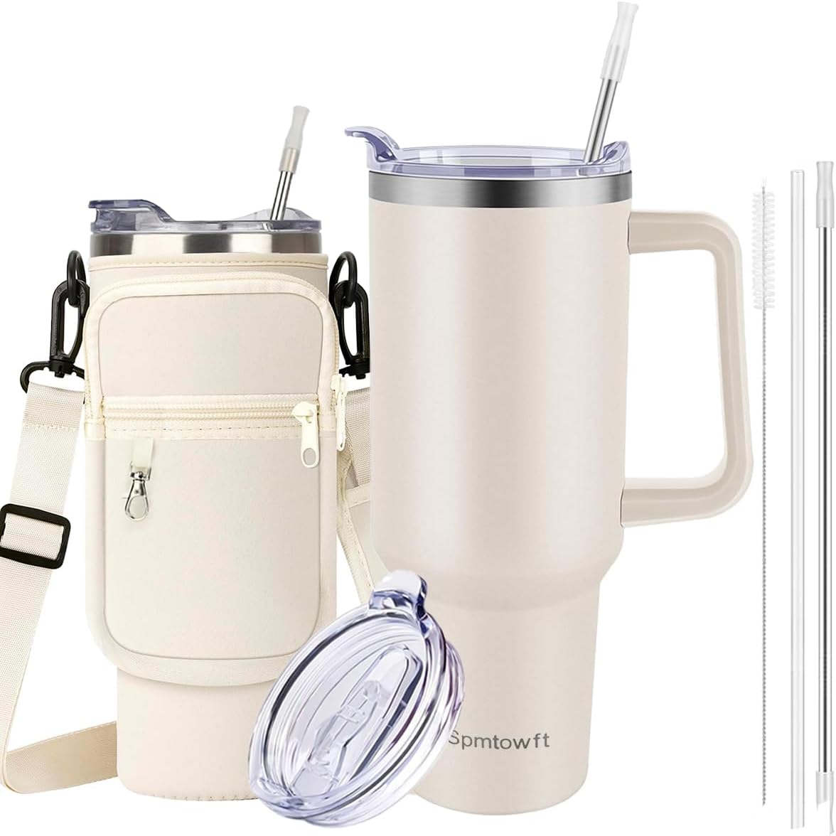40oz Stainless Steel Double Vacuum Tumbler with Handle, Straw Lid, Carrier Bag, Purse Pouch Phone Pocket, Gym Water Bottle Travel Mug and Sleeve Holder for Men Women (Black)