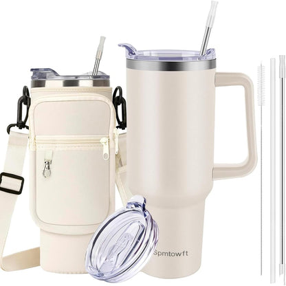 40oz Stainless Steel Double Vacuum Tumbler with Handle, Straw Lid, Carrier Bag, Purse Pouch Phone Pocket, Gym Water Bottle Travel Mug and Sleeve Holder for Men Women (Black)