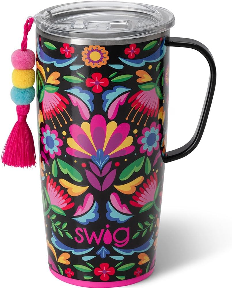 Swig Life 18oz Travel Mug, Insulated Tumbler with Handle and Lid, Cup Holder Friendly, Dishwasher Safe, Stainless Steel, Travel Coffee Cup (Honey Meadow)