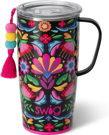 Swig Life 18oz Travel Mug, Insulated Tumbler with Handle and Lid, Cup Holder Friendly, Dishwasher Safe, Stainless Steel, Travel Coffee Cup (Honey Meadow)