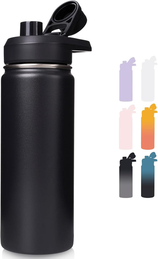 Fijinhom 24 oz Insulated Water Bottle with Handle, 304 Stainless Steel Water Bottles with Wide Mouth, Double Wall Vacuum Sports Water Bottle, BPA Free, Keep Cold and Hot, Black | with Handle