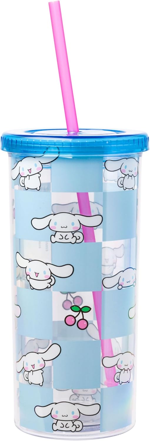 Silver Buffalo Sanrio Hello Kitty Milk Carton Pattern Plastic Boba Tumbler w Lid and Wide Straw, 24 Ounces