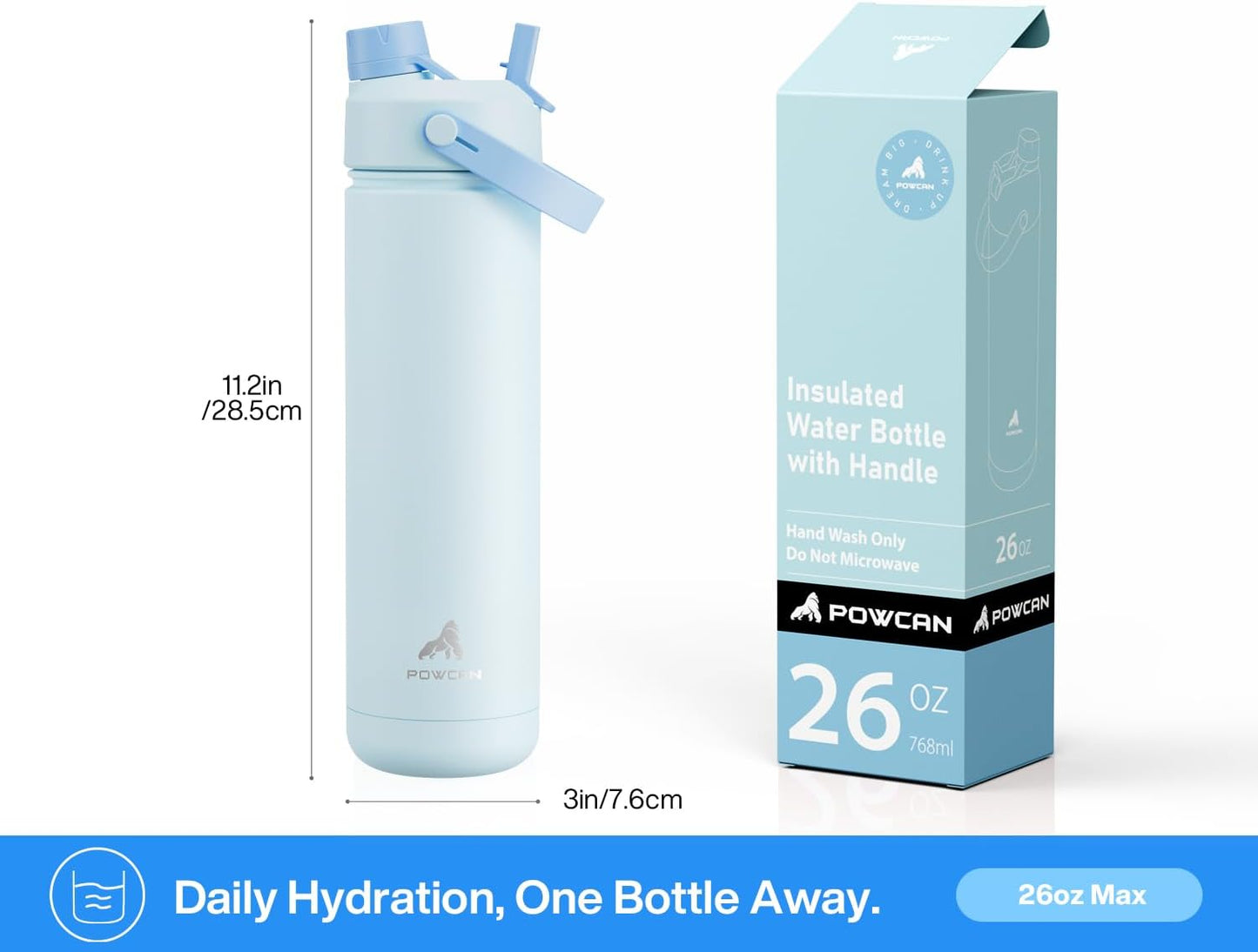 POWCAN 26 oz Insulated Water Bottle with 2-in-1 Straw and Spout Lid, Keep Cold 24H, Leak-Proof, Fits in Car Cup Holder, Stainless Steel Water Bottle for Sports, Travel, and School (Mint)