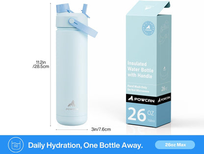 POWCAN 26 oz Insulated Water Bottle with 2-in-1 Straw and Spout Lid, Keep Cold 24H, Leak-Proof, Fits in Car Cup Holder, Stainless Steel Water Bottle for Sports, Travel, and School (Mint)