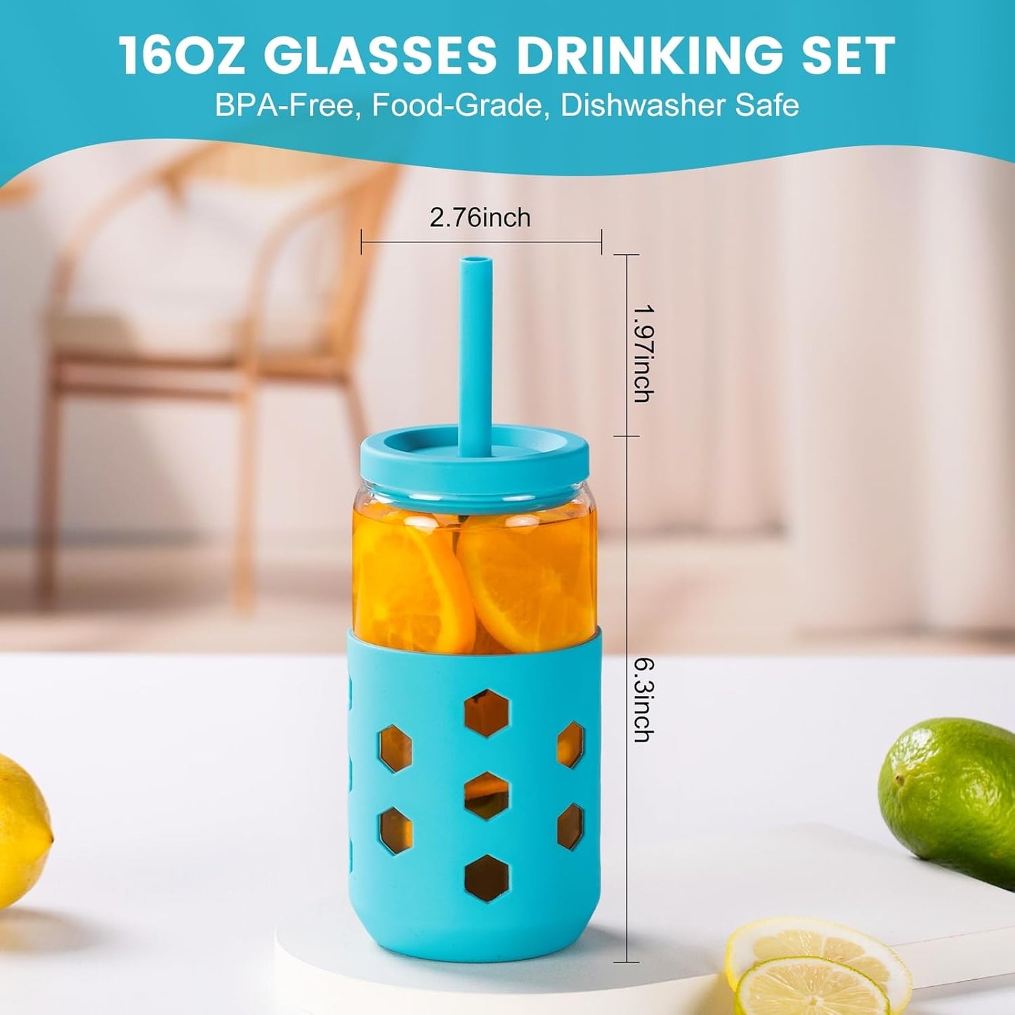 Mrsdry Glass Cups with Lids and Straws (4 Pcs), 16oz Drinking Glasses Set with Silicone Sleeves for Coffee Bar Accessories Iced Coffee Cups with Lids, Glass Tumbler Reusable for Gifts