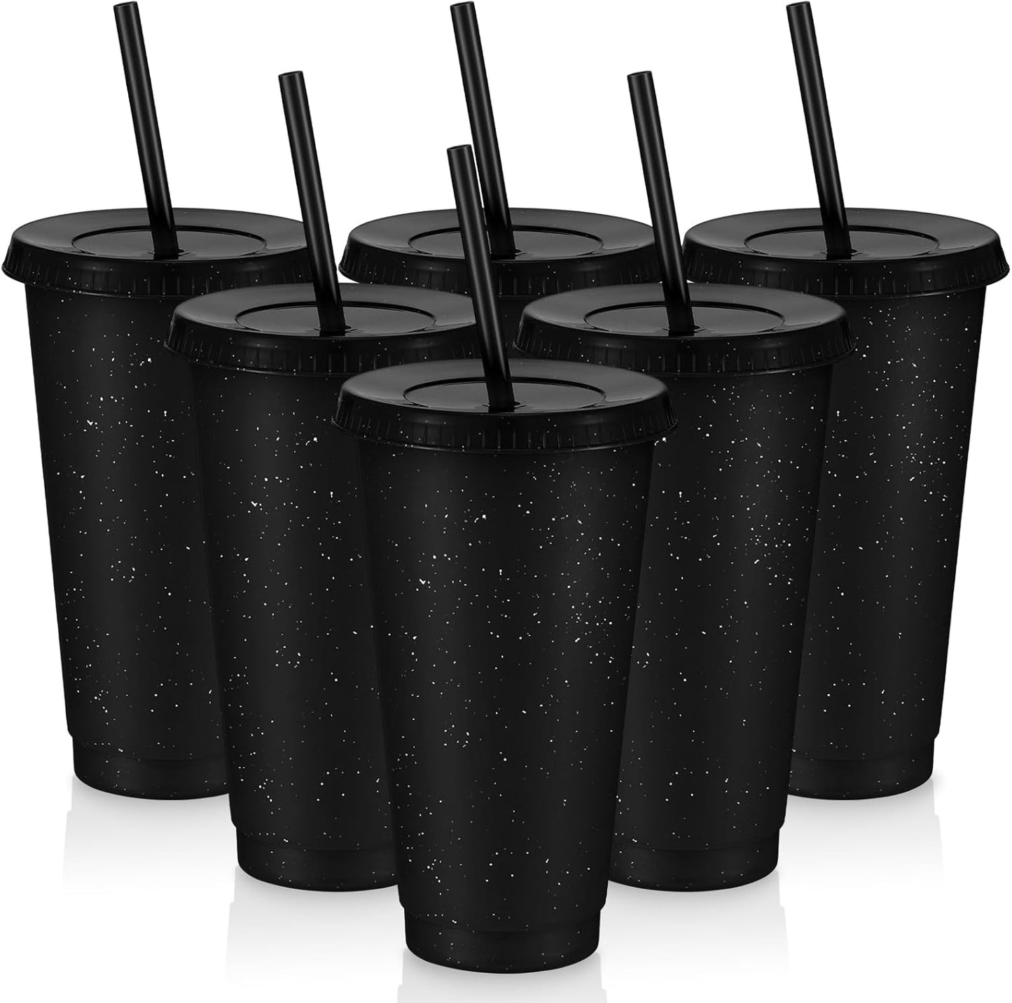 Uiifan 6 Pcs 24 oz Reusable Tumbler with Lids and Straws Plastic Iced Coffee Tumbler Glitter Travel Mug Cup for Smoothie Juices Birthday Party Cold Drink Coffee Cup Bulk for Adult Kid Women (Clear)