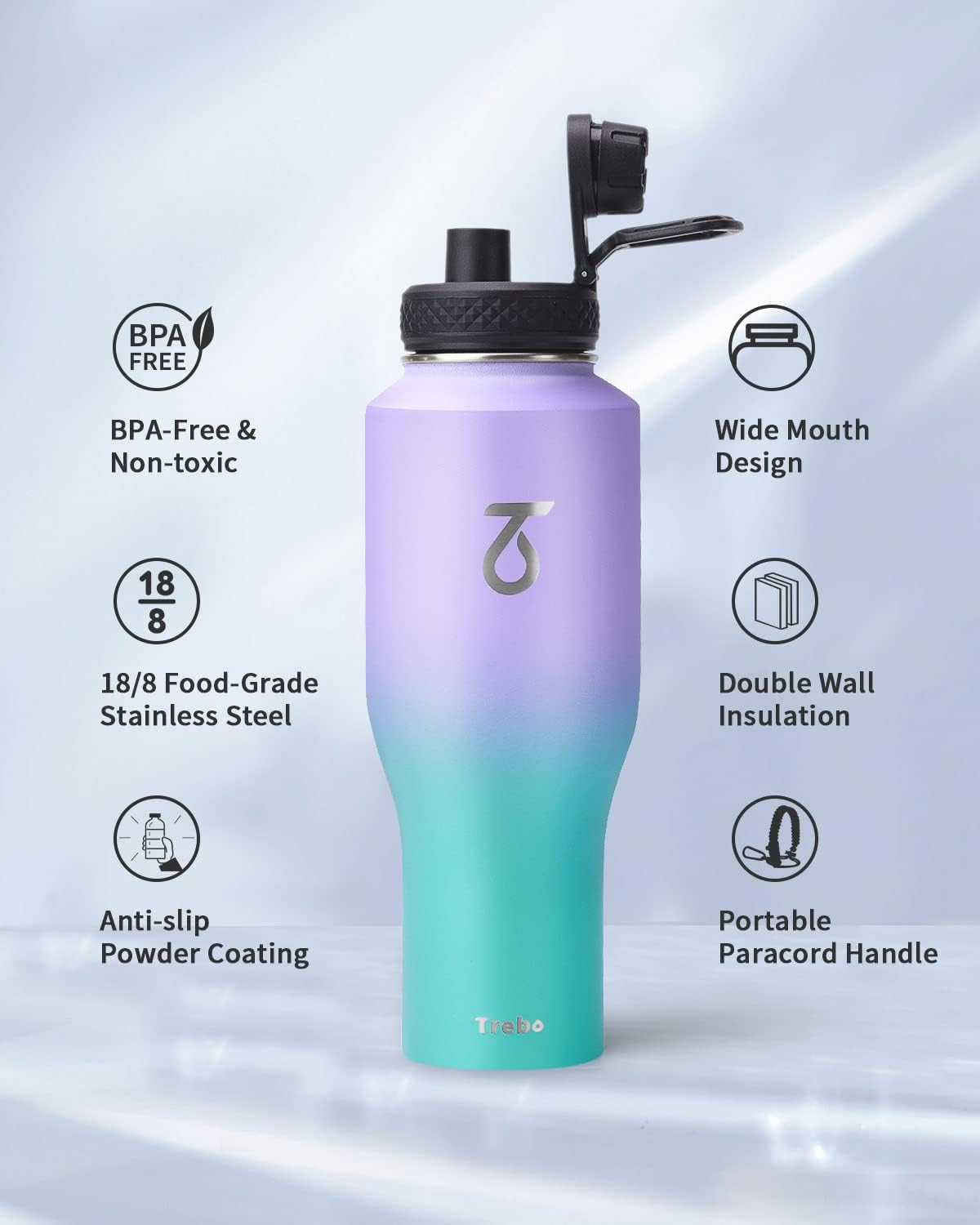 Trebo 40 oz Water Bottle Insulated Fit Car Cup Holder with Handle, Stainless Steel Water Bottles Tumbler with Spout Straw Lids, Double Wall Travel Reusable Flask, Leakproof Mug,Keep Cold &Hot,Black