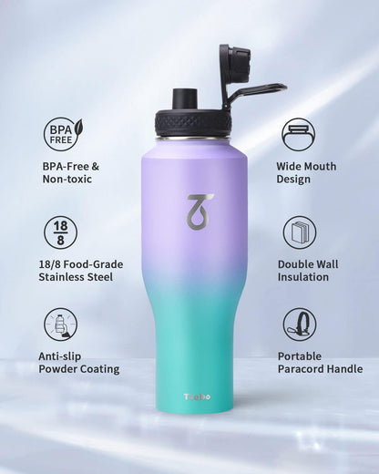 Trebo 40 oz Water Bottle Insulated Fit Car Cup Holder with Handle, Stainless Steel Water Bottles Tumbler with Spout Straw Lids, Double Wall Travel Reusable Flask, Leakproof Mug,Keep Cold &Hot,Black