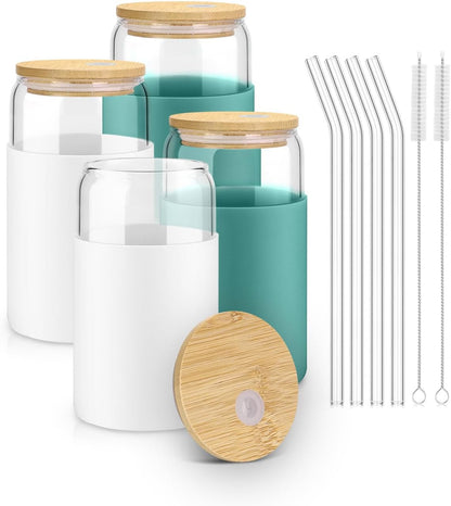 sungwoo 4PCS Glass Cups with Bamboo Lids and Straws, 16OZ Ice Coffee Cup, Drinking Cup set with Wooden Lids, Home Essential Glass Tumblers for Beer, Cocktail, Tea and Latte Clear