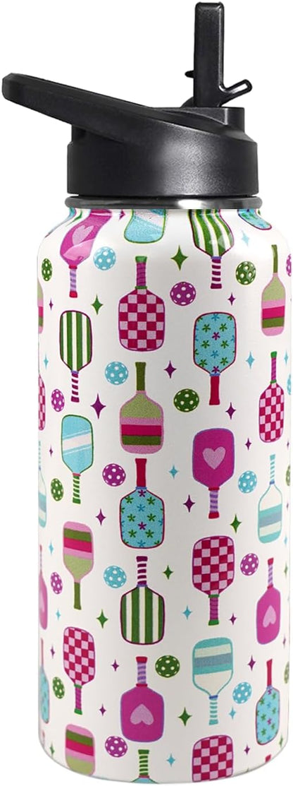 32 oz Pickleball Insulated Water Bottle with Straw - Pickleball Gym Hiking Sports Coffee Mug | Perfect Pickleball Gifts for Women, Pickleball Decor Accessories