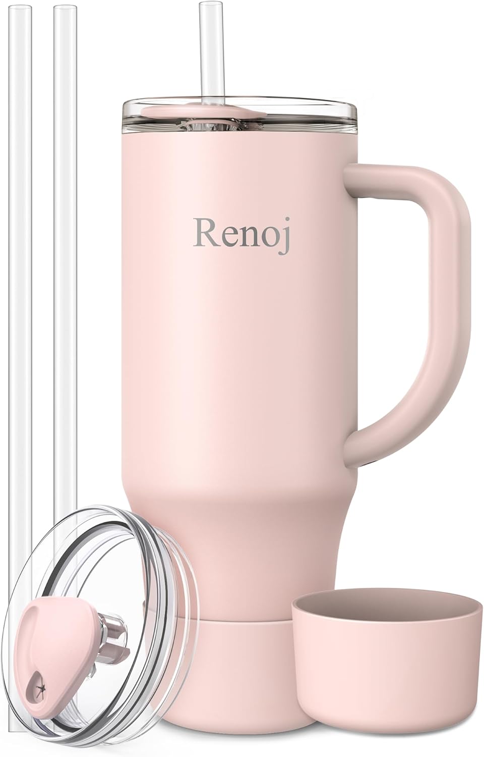Renoj Insulated Mug 100% Leak Proof Insulated Water Bottle for Iced Coffee & Hot Drinks - Fits Car Cup Holder, Ideal Gift, 2 Straws & Silicone Boot - SnapShift Pink 32 oz