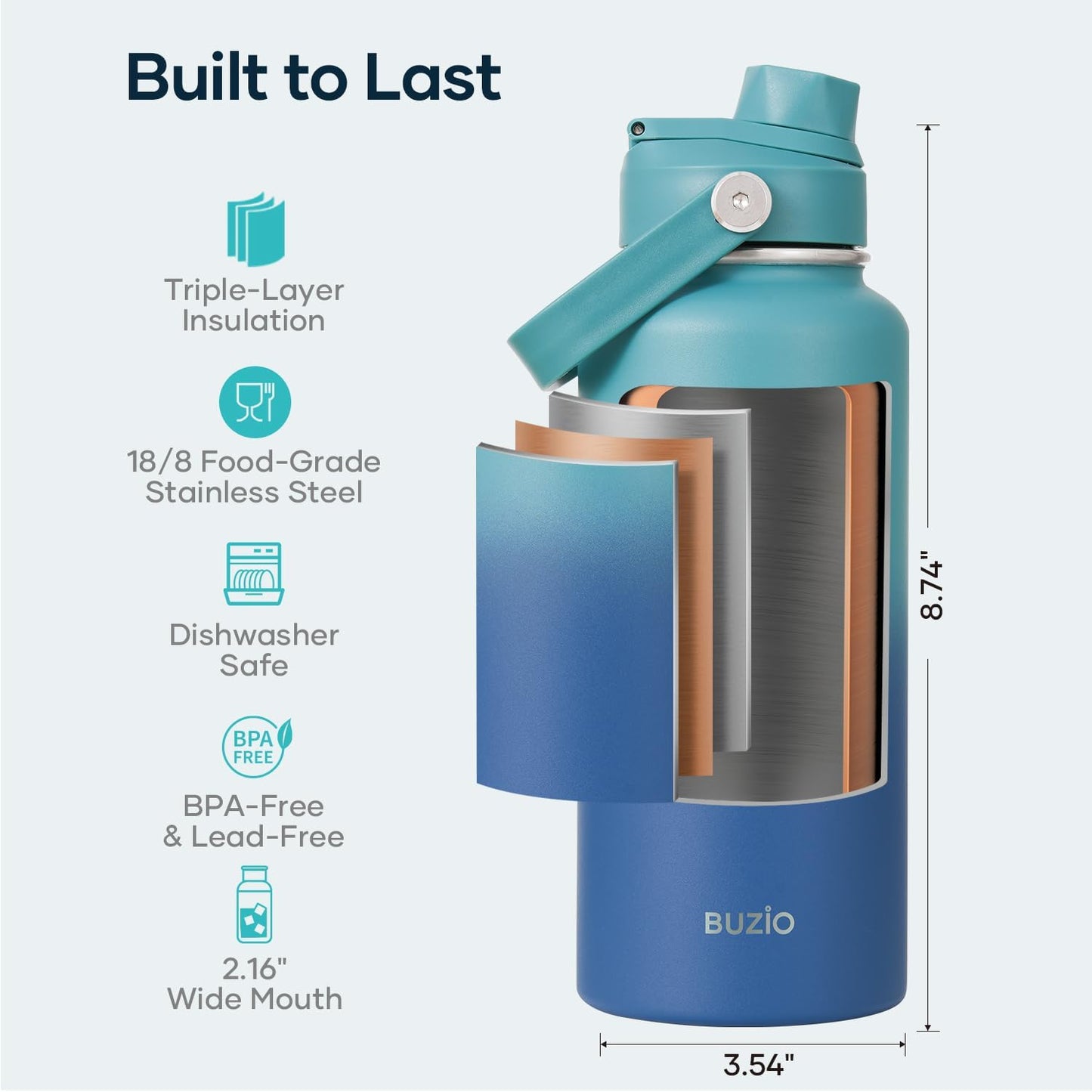 BUZIO 40oz Insulated Water Bottle, Triple Wall Vacuum Stainless Steel Water Flask with 2 lids, Lead-Free BPA-Free Straw Lid Sports Canteen Jug, Cold 48H & Hot 24H- Black - Colors B