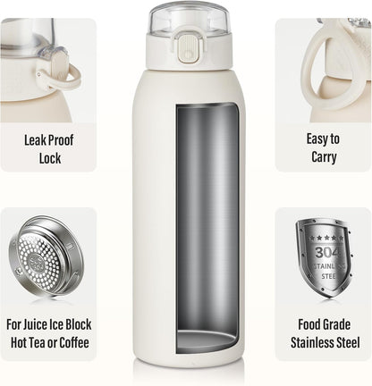 Insulated Water Bottle 24 oz with Dustproof Lid, Carry Handle & Tea Infuser, BPA-Free & Leakproof, Stainless Steel Water Bottles Ideal for Fitness, Hiking, Office & Outdoor Use (Black)